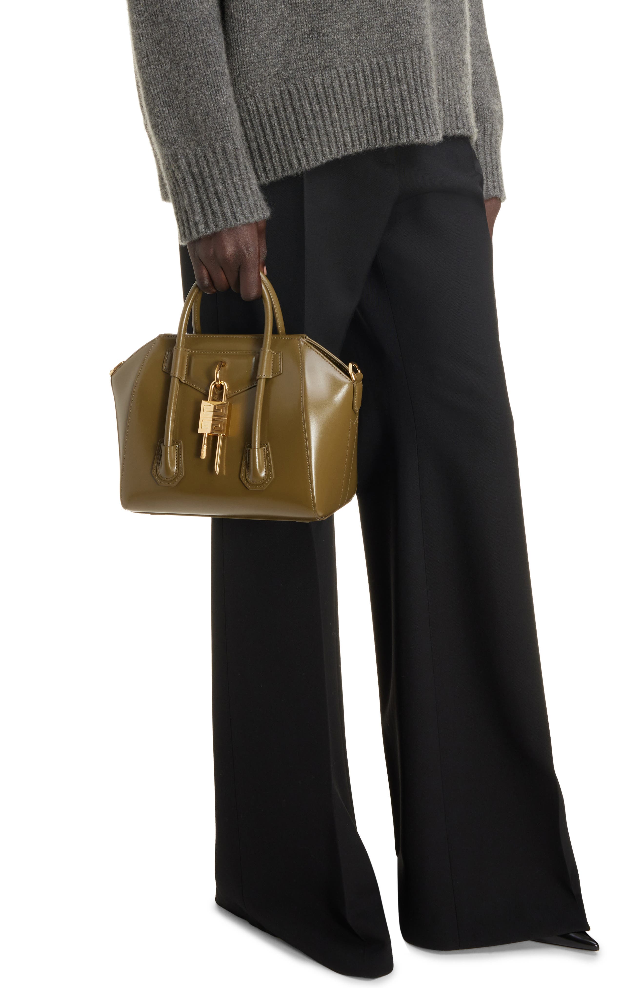 Givenchy Mini Antigona Lock Leather Satchel, Alternate, color, 