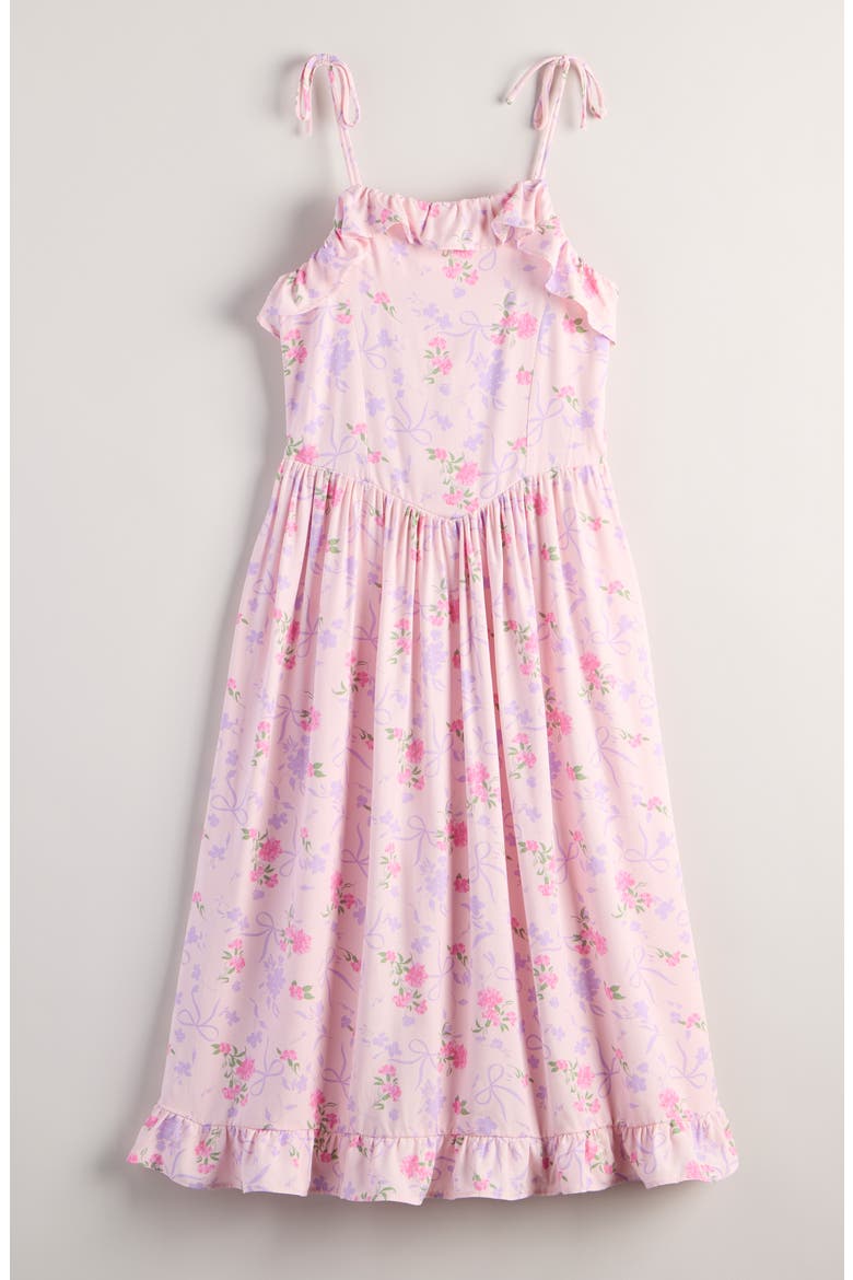 Kids' Floral Ruffle Tie Strap Sundress, Main, color, PINK BALM BOW FLORAL