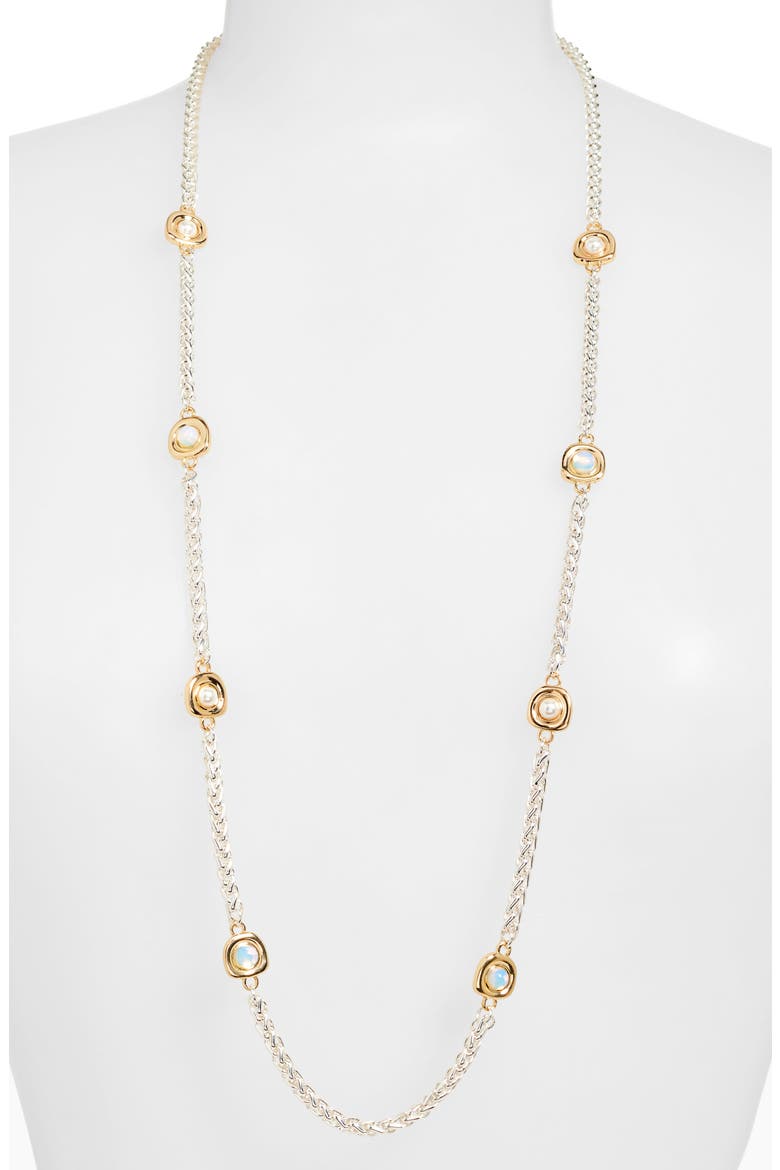 Faux Pearl Station Long Necklace, Alternate, color, CLEAR- WHITE- SILVER