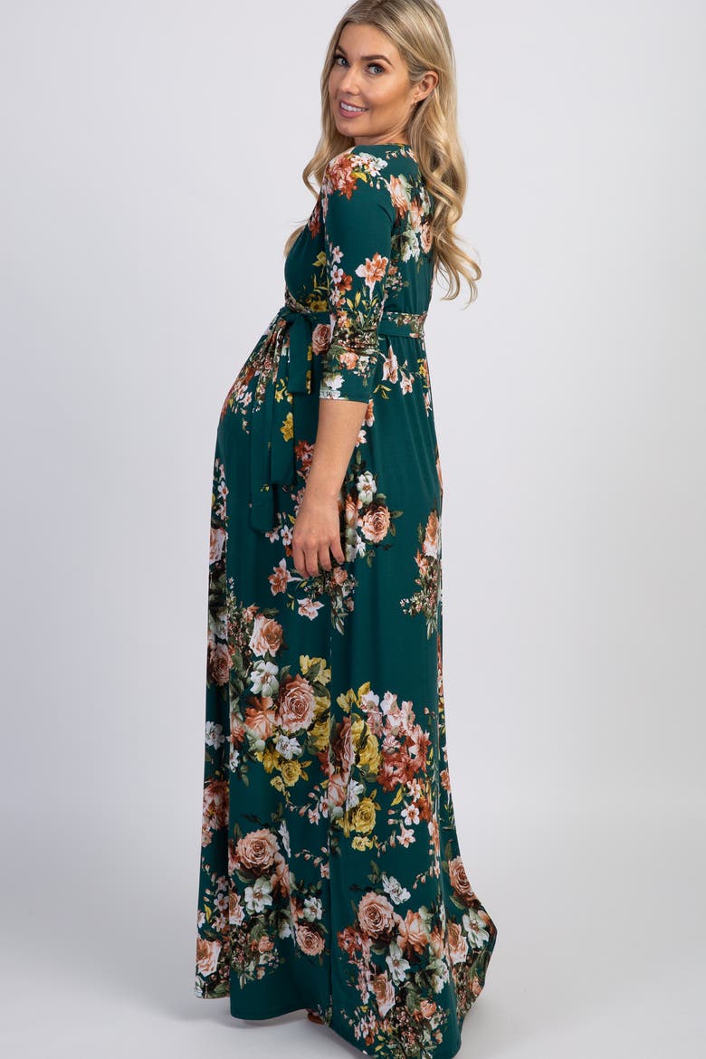 Rose Print Sash Tie Maxi Dress, Alternate, color, Teal