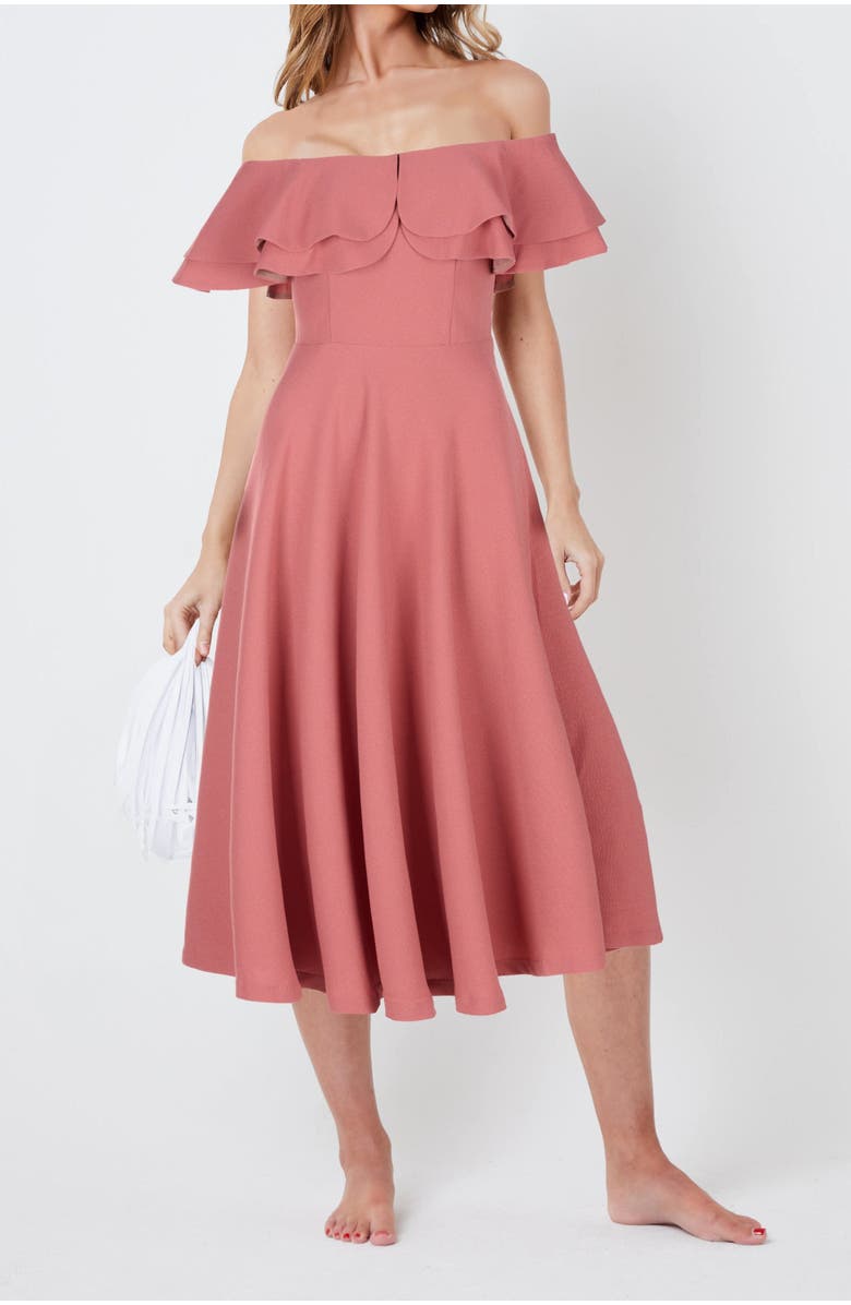 CREEA the Label Off the Shoulder Ruffle Midi Dress, Main, color, 