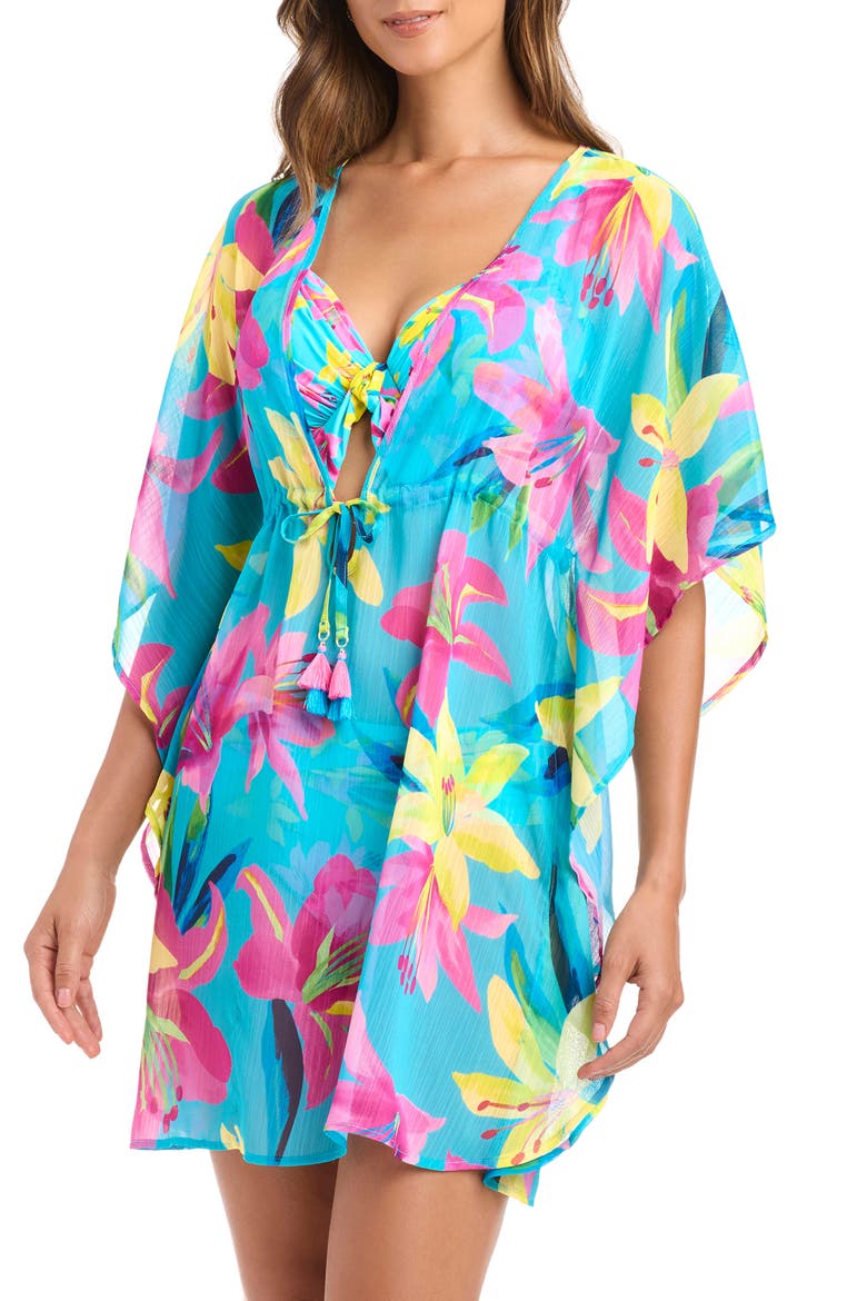 Floral Semisheer Cover-Up Caftan, Main, color, WATERFALL