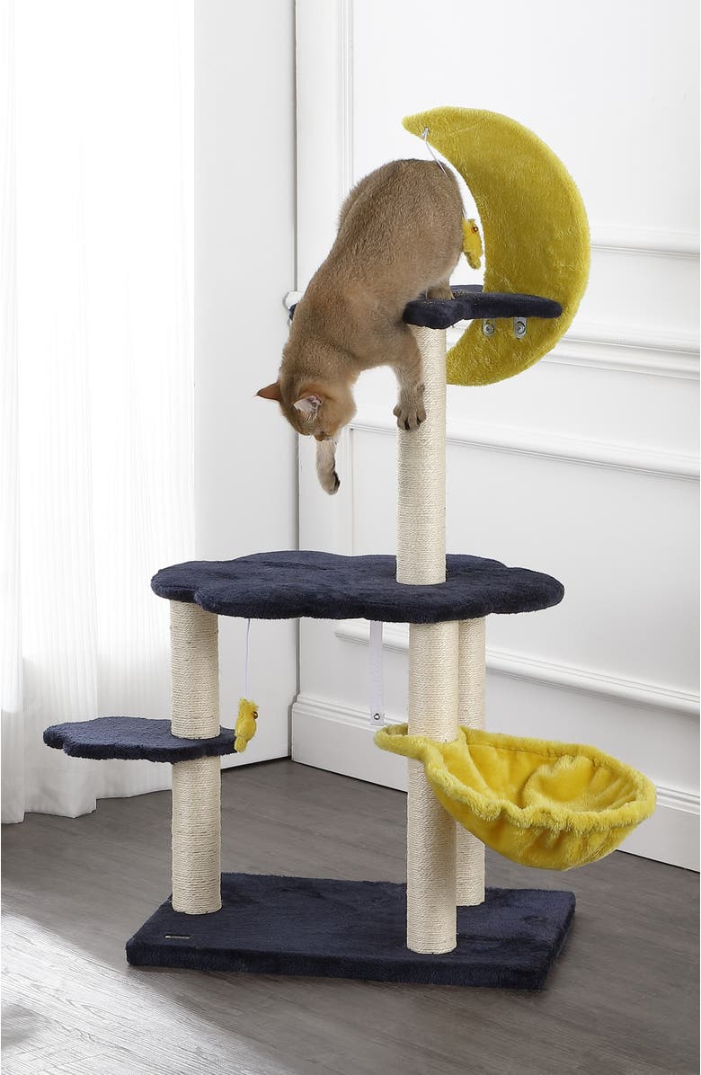 The Licker Store Aurora 49" 3-Tier Modern Sisal Moon And Stars Cat Tree with Scratching Posts, Alternate, color, Navy/Yellow/White