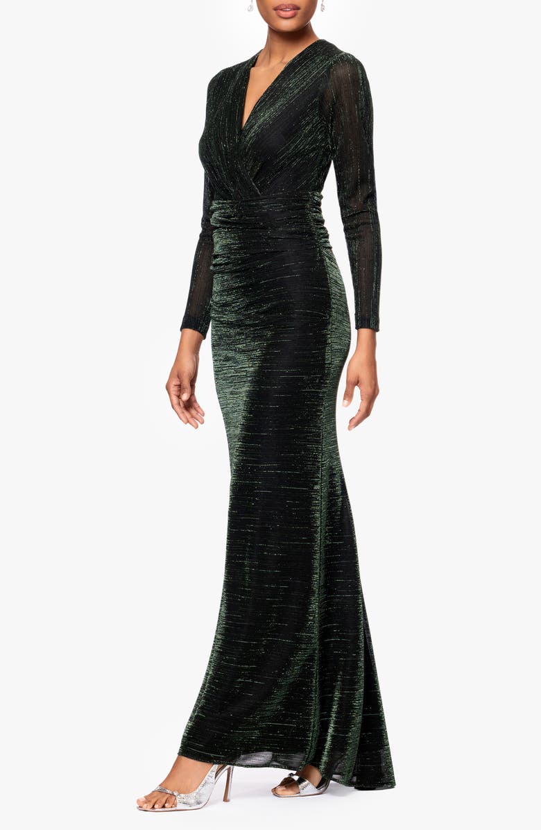 Betsy & Adam Metallic Long Sleeve Ruched Gown, Alternate, color, Black/ Green