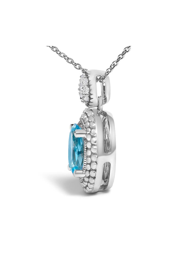 Silver Oval Blue Topaz and Diamond Accent with Beaded Halo Pendant Necklace, Alternate, color, White