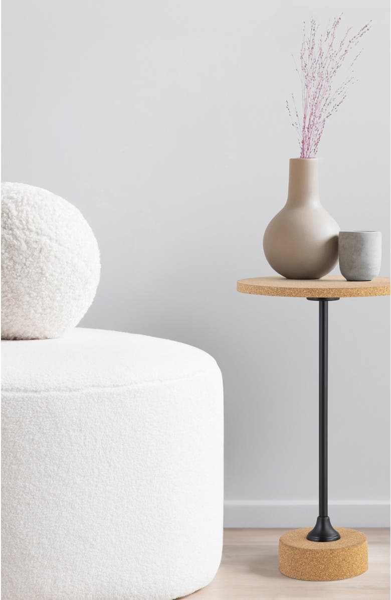 JONATHAN Y Calix Minimalist Round Pedestal End Table, Cork Iron Accent Drink Table for Living Room or Bedroom, Alternate, color, Light Brown