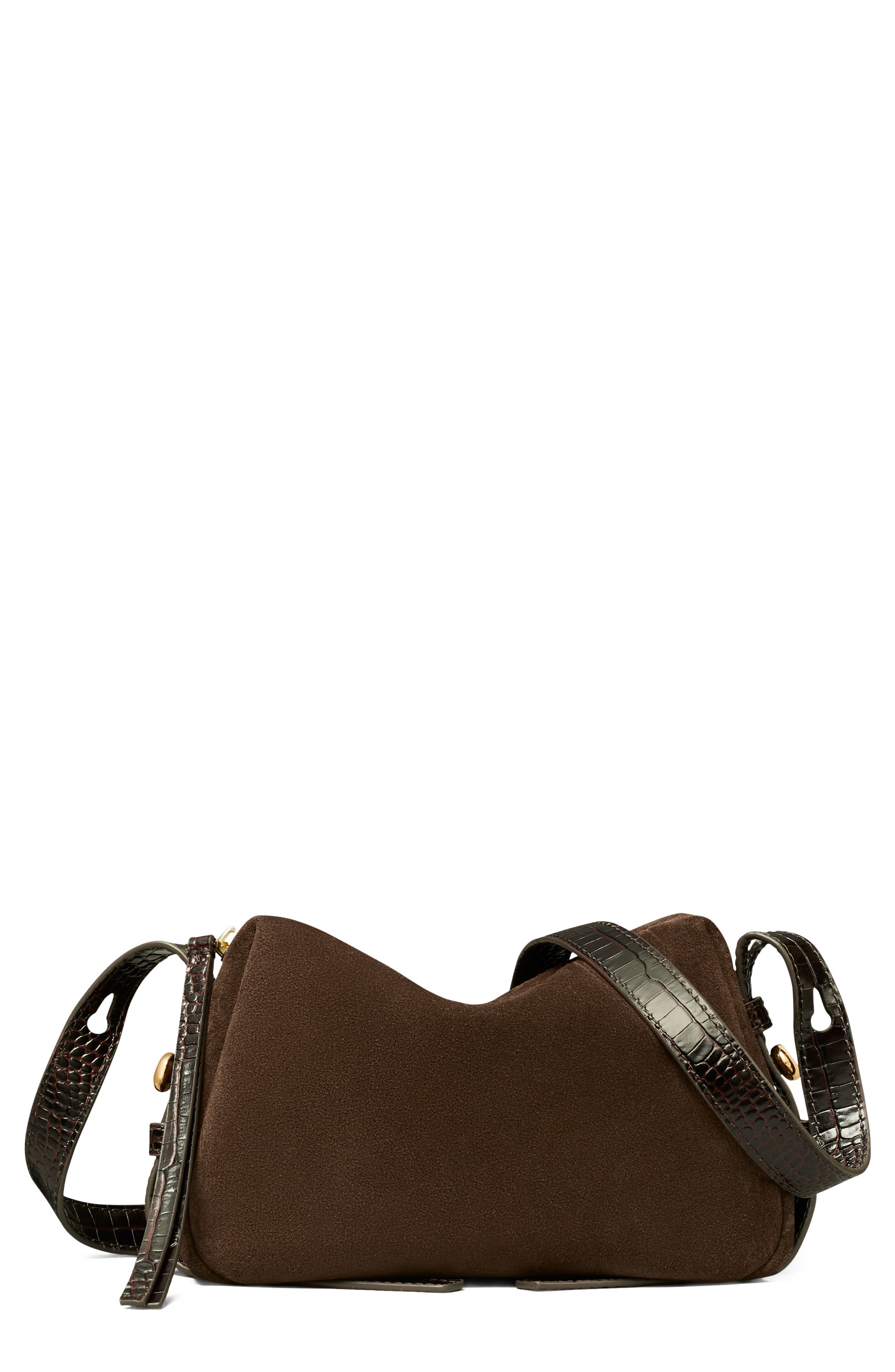 Romy Suede Crossbody Bag, Main, color, DARK COCOA