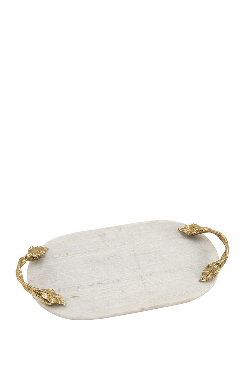 White Marble Glam Tray with Goldtone Twisted Leaf Handles, Alternate, color, WHITE