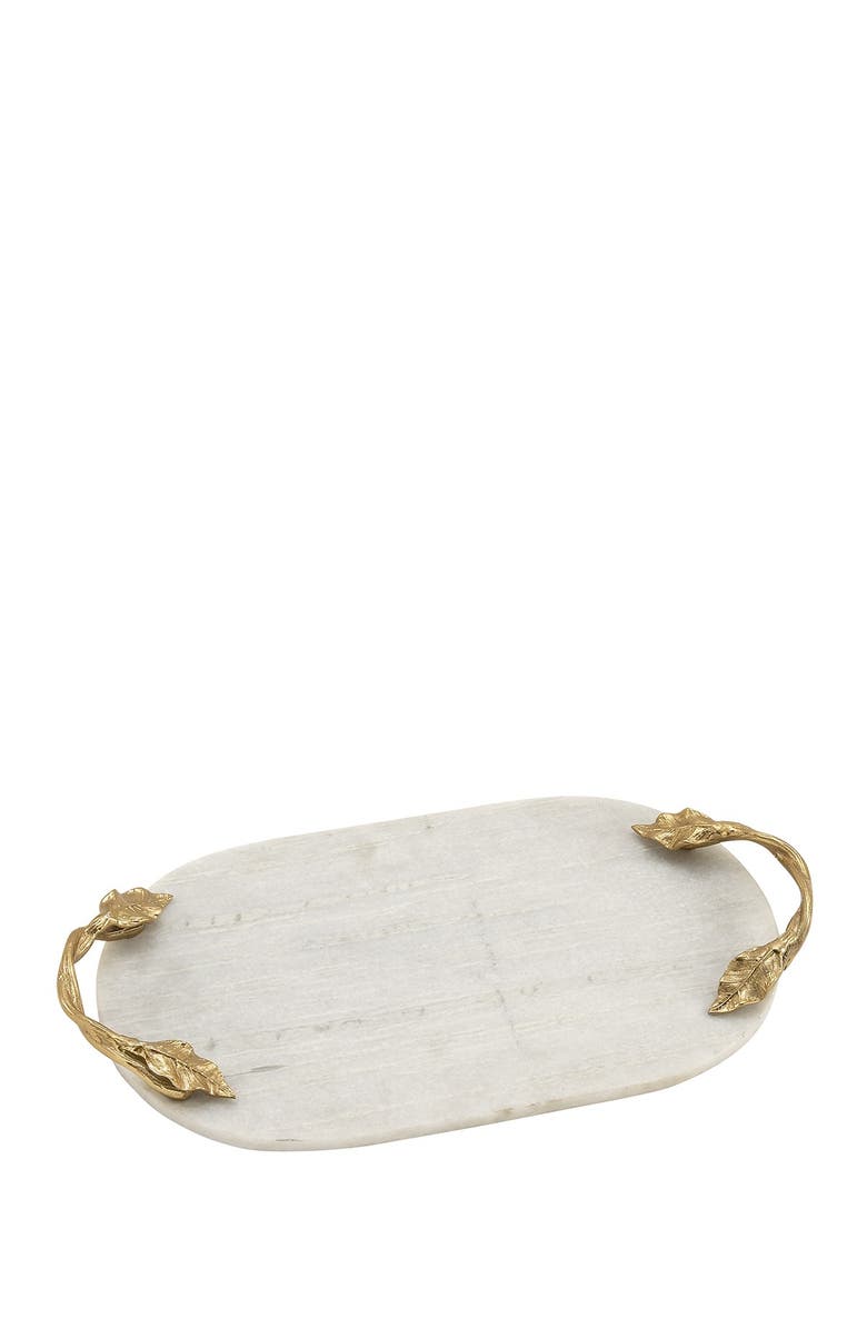 WILLOW ROW White Marble Glam Tray with Goldtone Twisted Leaf Handles, Alternate, color, White