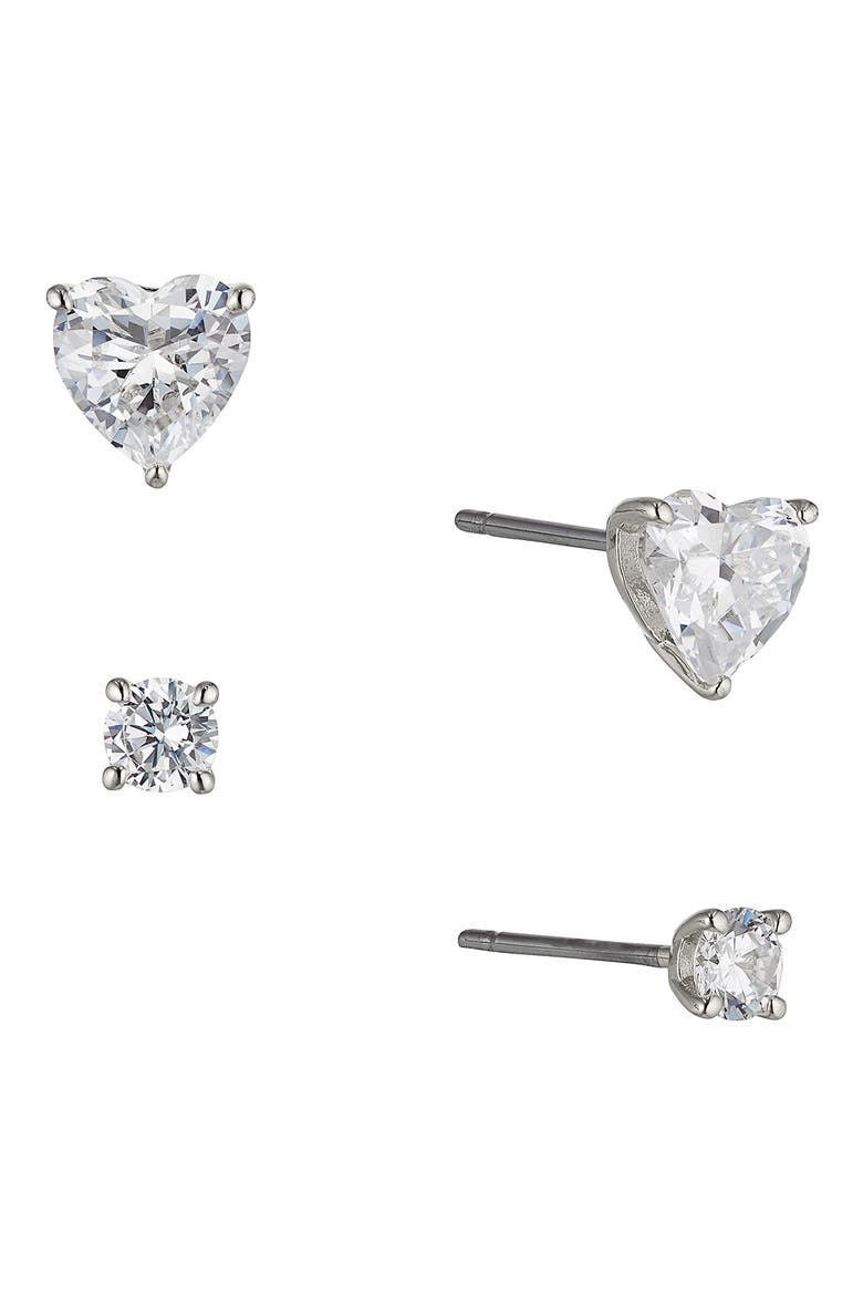 Cubic Zirconia Heart Stud Earrings, Main, color, RHODIUM