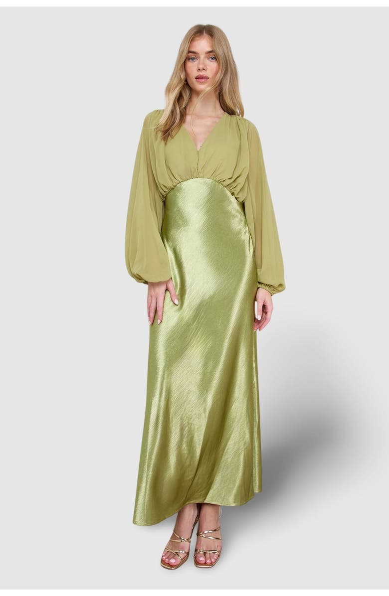 Oasis Satin Chiffon Mix V Neck Midaxi Dress, Main, color, Olive
