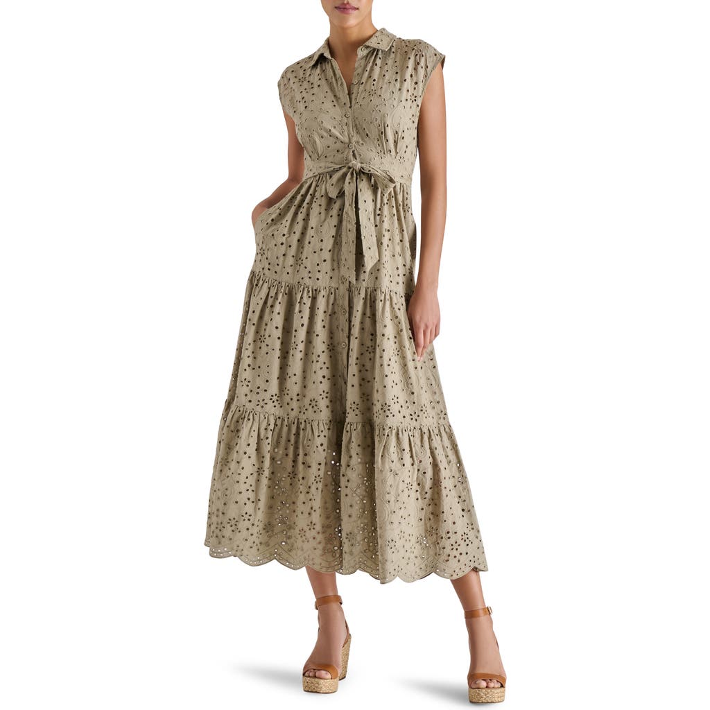 Steve Madden Clover Embroidered Eyelet Sleeveless Tiered Shirtdress