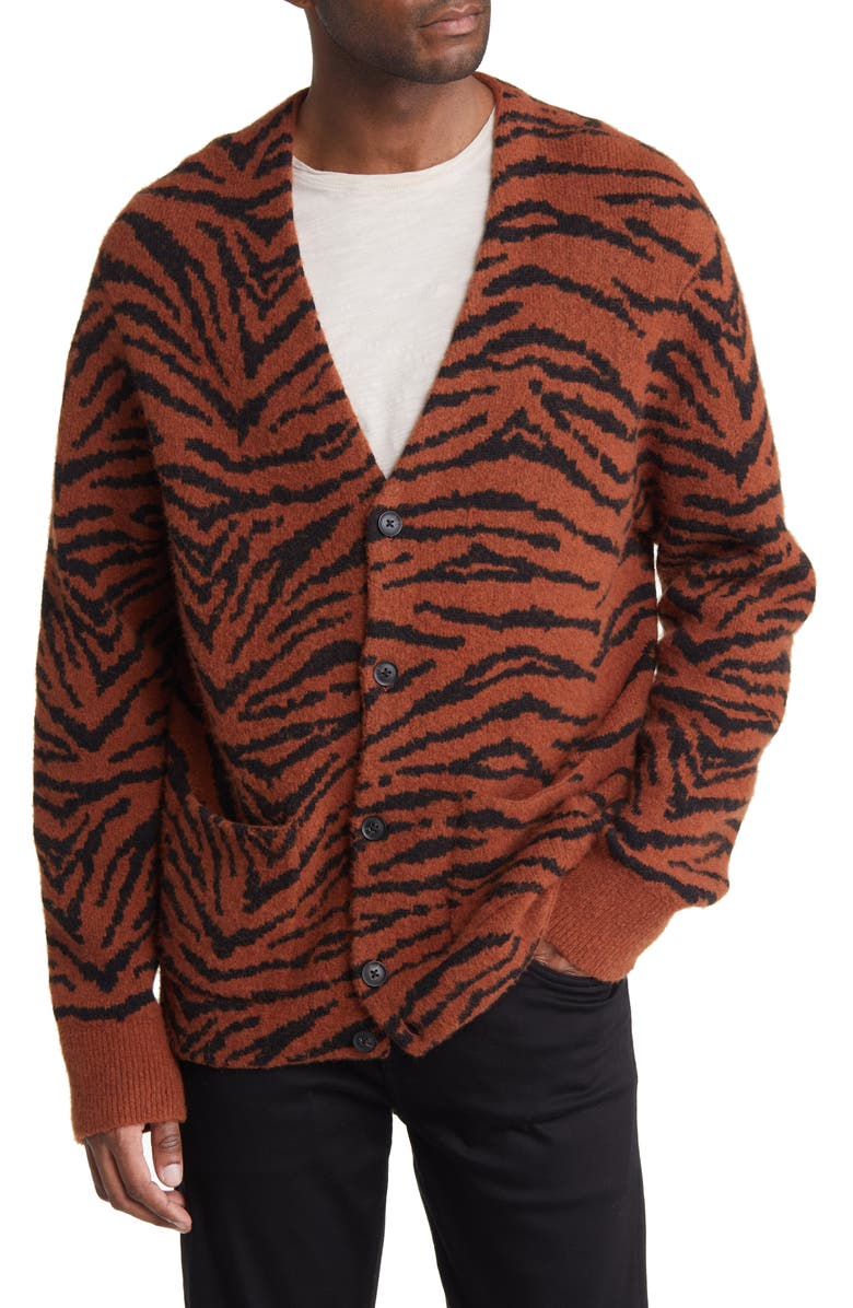 AllSaints Catt Tiger Stripe Bouclé Cardigan, Alternate, color, 
