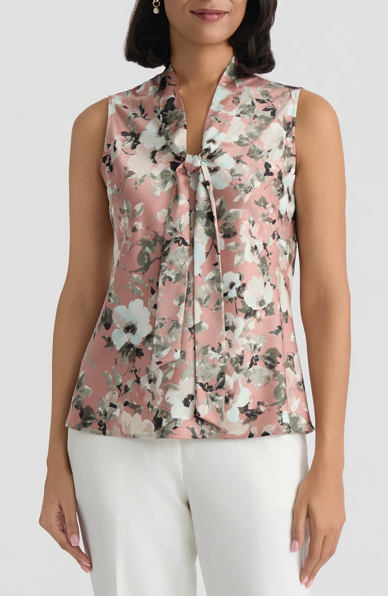 KASPER Floral Print Tie Neck Sleeveless Top, Main, color,