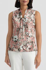 KASPER Floral Print Tie Neck Sleeveless Top