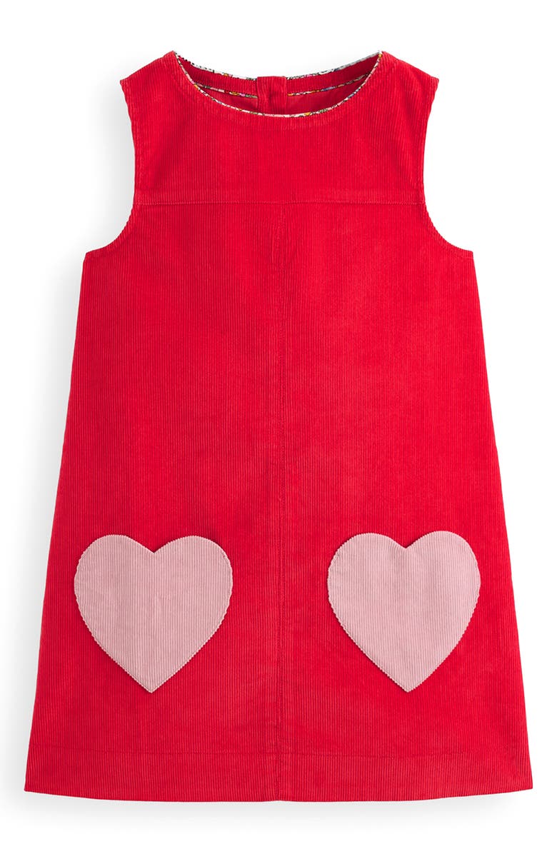 Mini Boden Kids' Heart Pocket Sleeveless Cotton Corduroy Dress, Main, color, Poppy Red