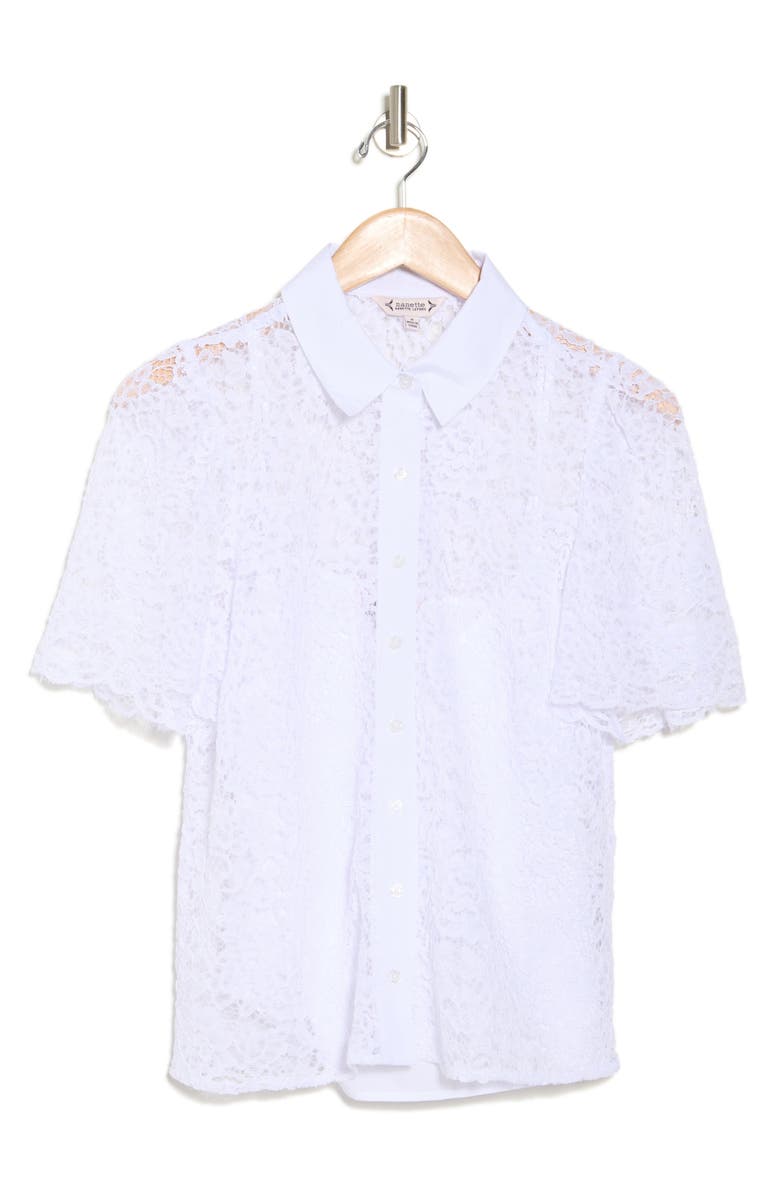 Nanette Lepore Lace Short Sleeve Button-Up Shirt, Alternate, color, Brilliant White