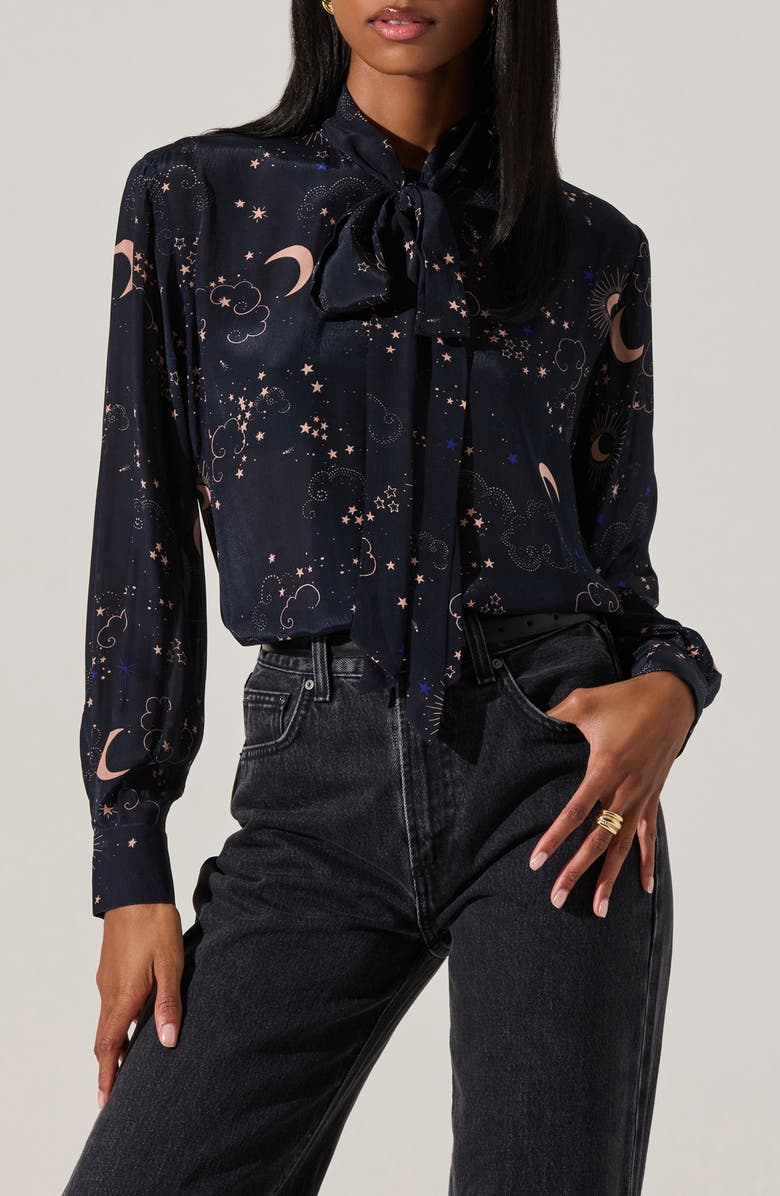 ASTR the Label Mabry Tie Neck Shirt, Main, color, Navy Night Print