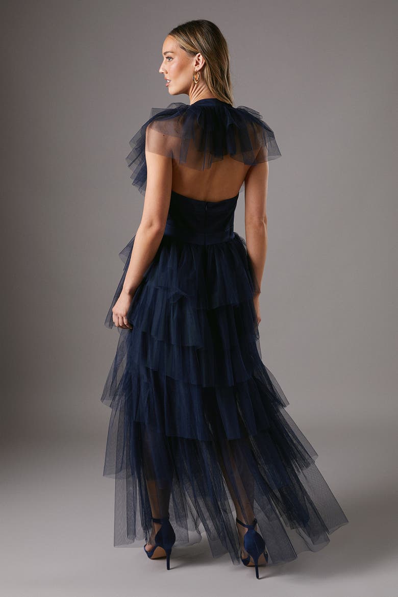 Mesh V-Neck Halter Tiered Maxi Dress, Alternate, color, Navy
