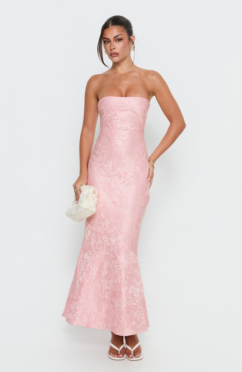 Princess Polly Lips Are Sealed Lace Jacquard Strapless Gown, Alternate, color, Pink