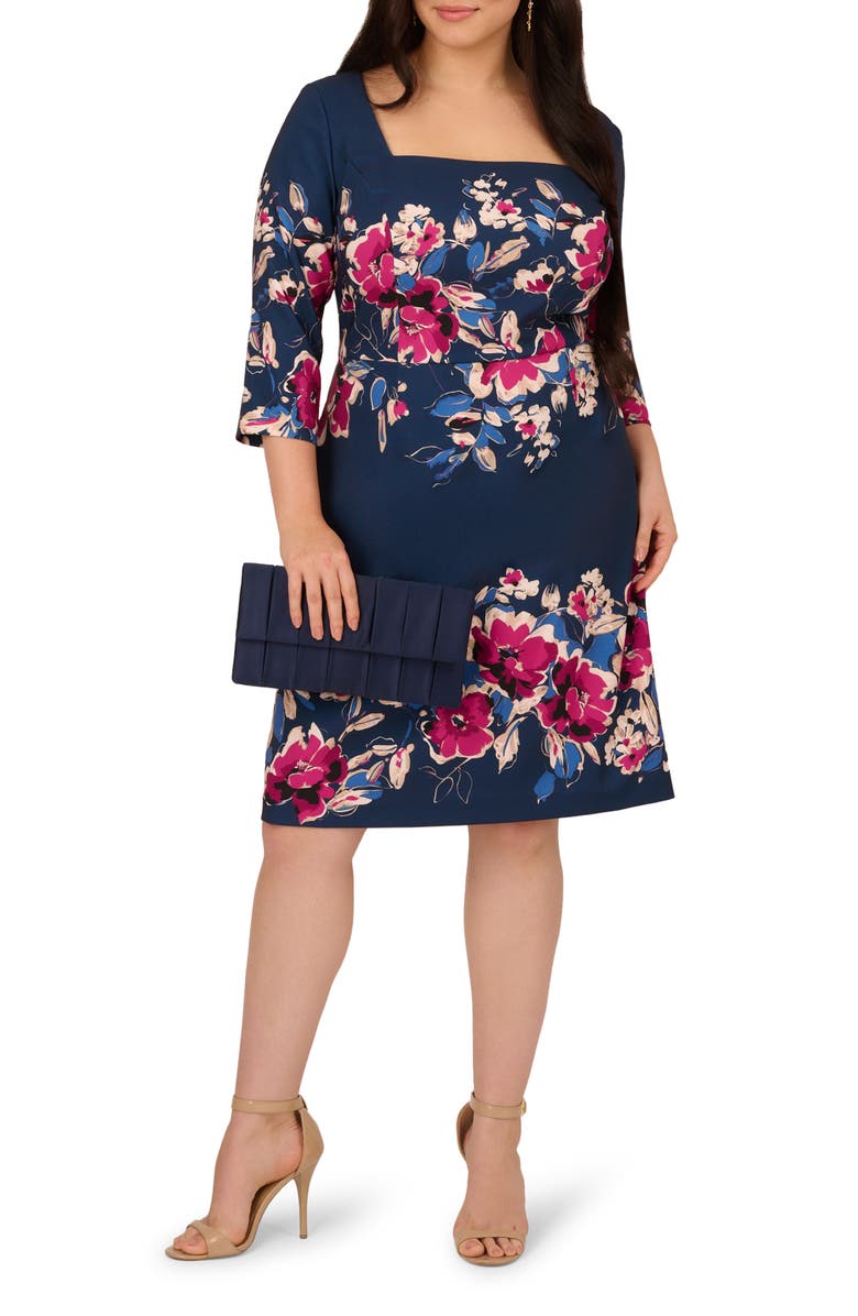 Adrianna Papell Placed Floral Dress, Main, color, Navy/ Pink Multi