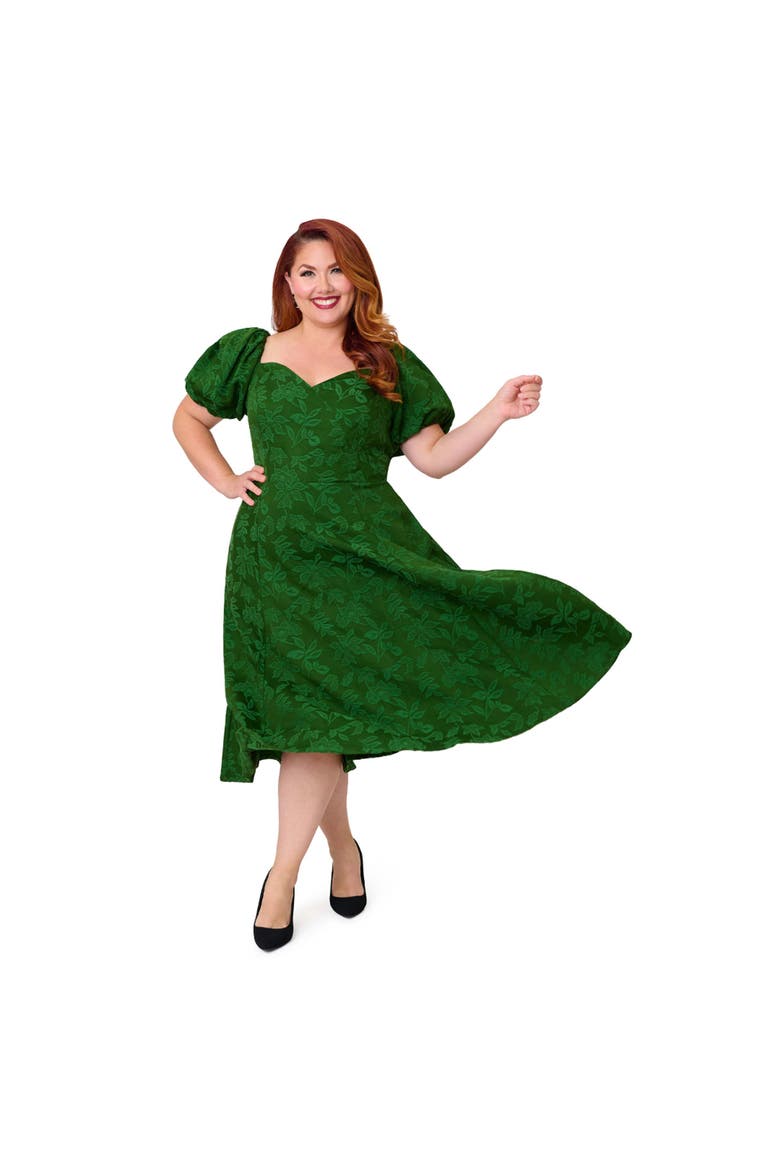 Plus Size Jacquard Sweetheart Swing Dress, Alternate, color, Green Floral Print