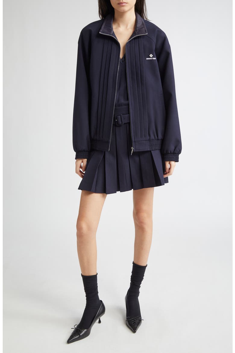Tucker Logo Stitch Pleated Wool & Silk Zip Jacket, Alternate, color, NAVY BLUE