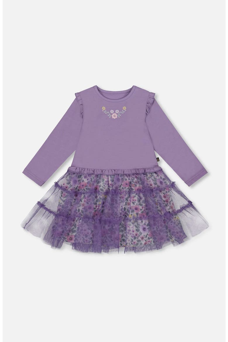 Bi-Material Dress with Muslin and Mesh Skirt, Main, color, Purple Gray