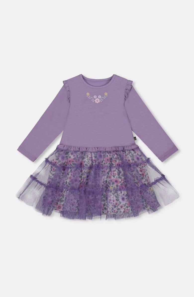 Deux par Deux Bi-Material Dress with Muslin and Mesh Skirt, Main, color, Purple Gray