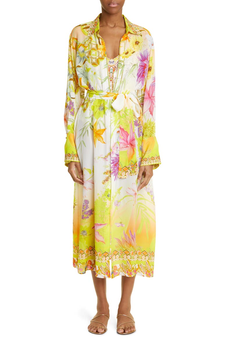 Floral Long Sleeve Silk Cover-Up Dress, Main, color, HOW DOES YOUR GARDEN GROW