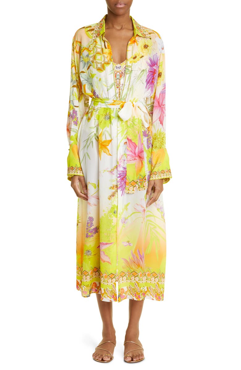Camilla Floral Long Sleeve Silk Cover-Up Dress, Main, color, 