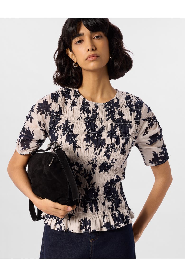 Smocked Floral Ruffle Hem Peplum Blouse, Main, color, Ivory/Multi