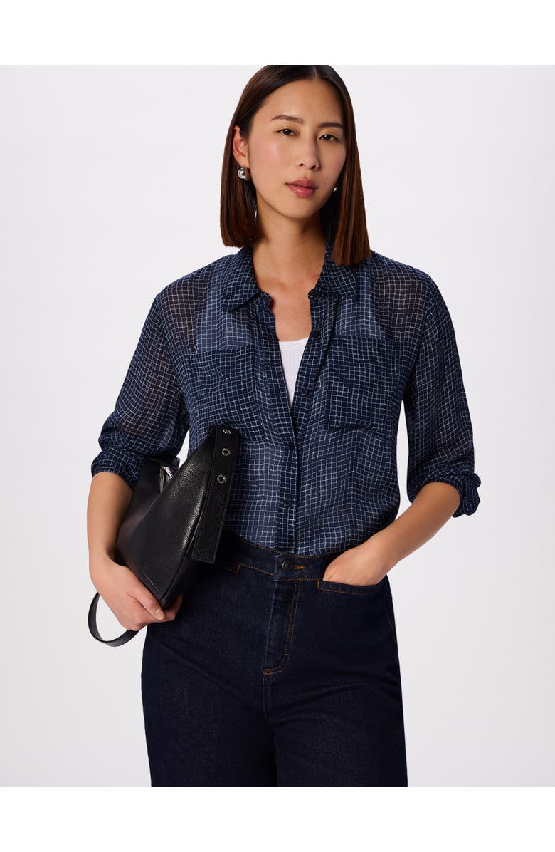 Whistles Grid Print Sheer Shirt, Main, color, Navy/Multi