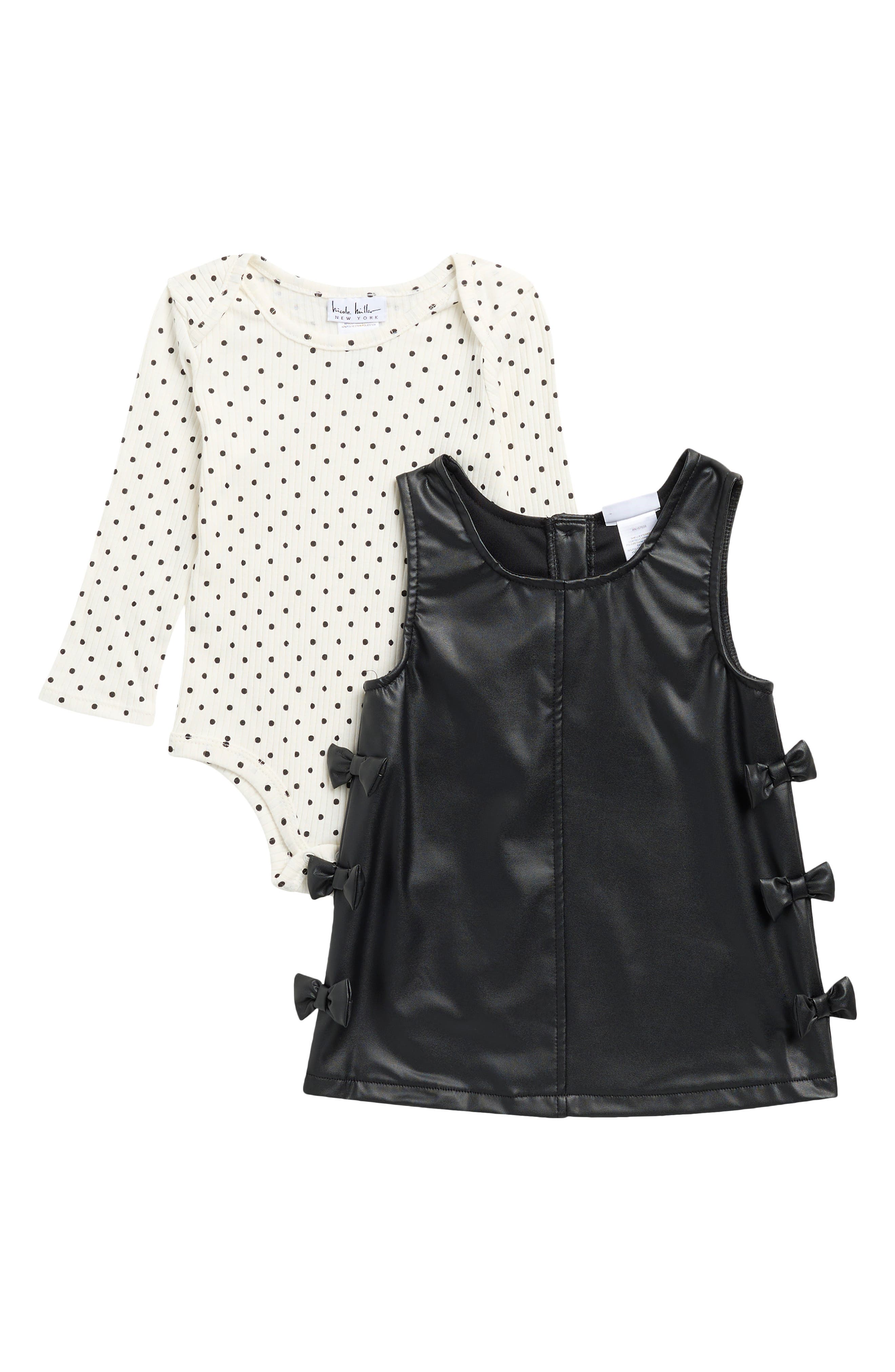 Kids' Bow Faux Leather Jumper Dress & Bodysuit Set