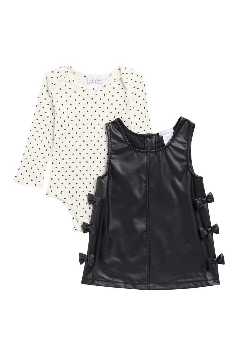 Kids' Bow Faux Leather Jumper Dress & Bodysuit Set, Main, color, BLACK