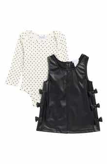 Kids' Bow Faux Leather Jumper Dress & Bodysuit Set