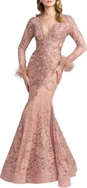 Mac Duggal Long Sleeve Feather Embellished Mermaid Gown