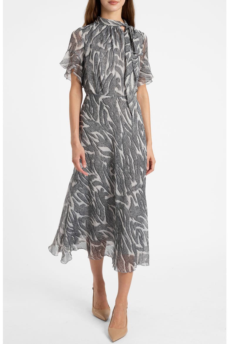 Sabrina Tie Neck Short Sleeve Midi Dress, Alternate, color, Onyx Multi