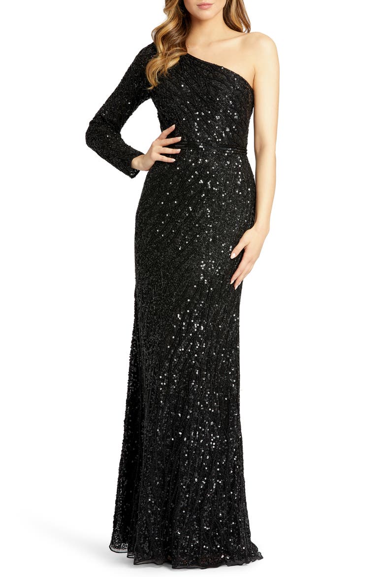 Sequin Embellished One-Shoulder Long Sleeve Gown, Main, color, BLACK
