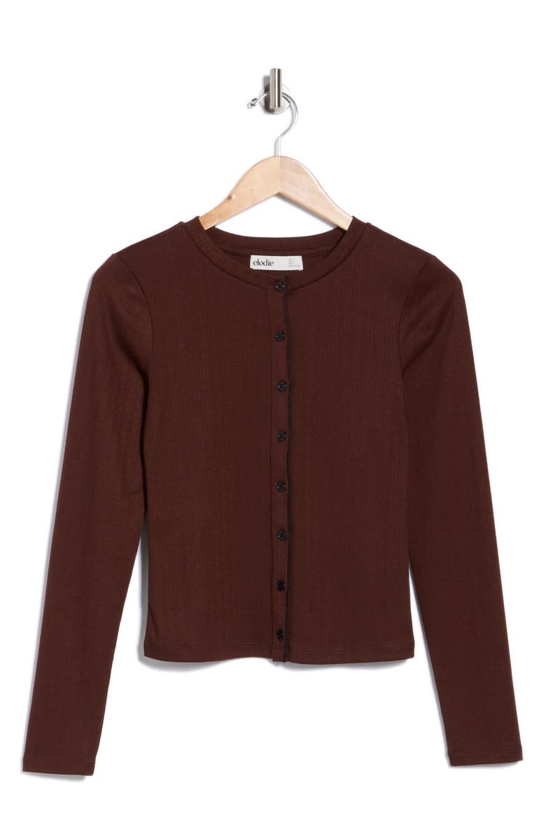 Elodie Pointelle Stitch Button-Up Top, Alternate, color, Chocolate