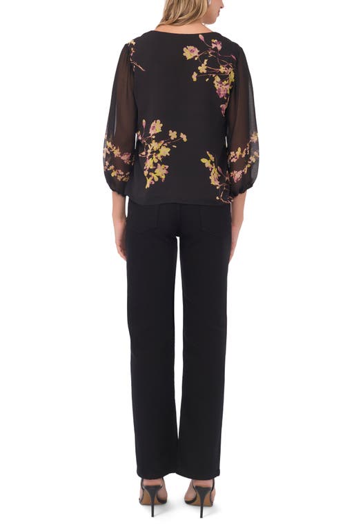 Vince Camuto Placed Floral Ruffle Detail Top In Black