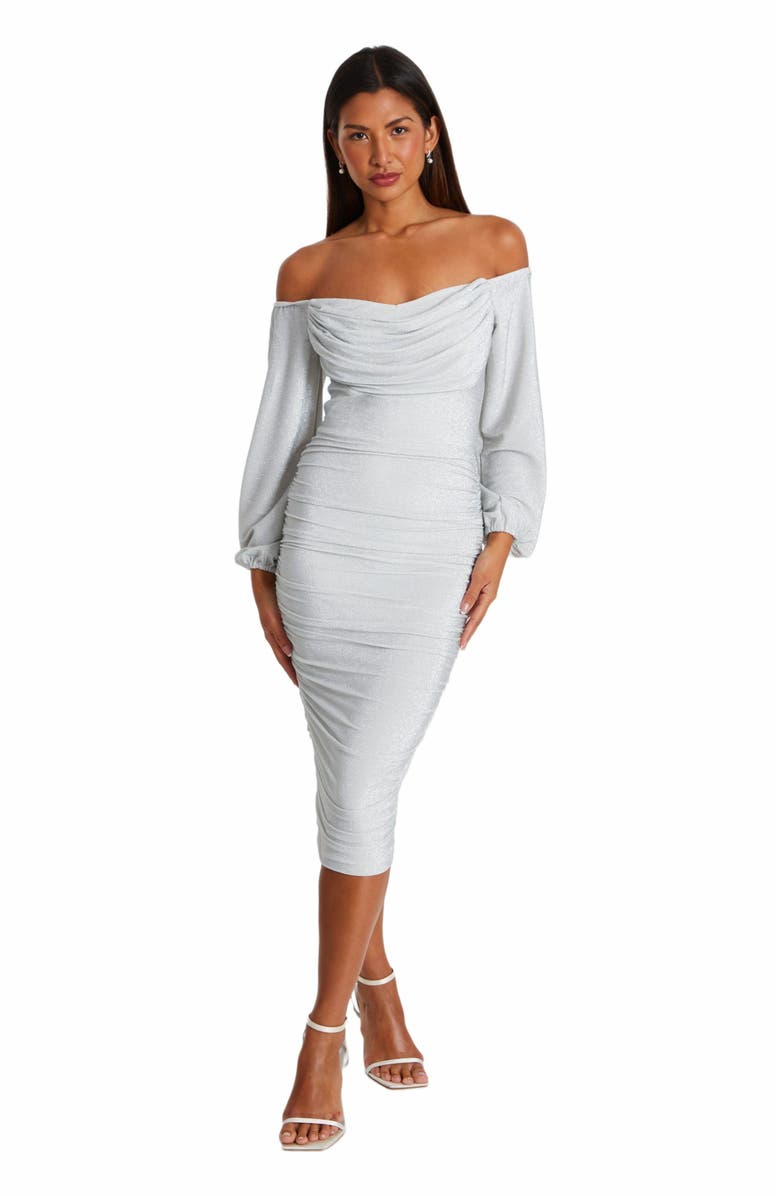 QUIZ Stretch Shimmer Cowl Bardot Midi Dress, Main, color,