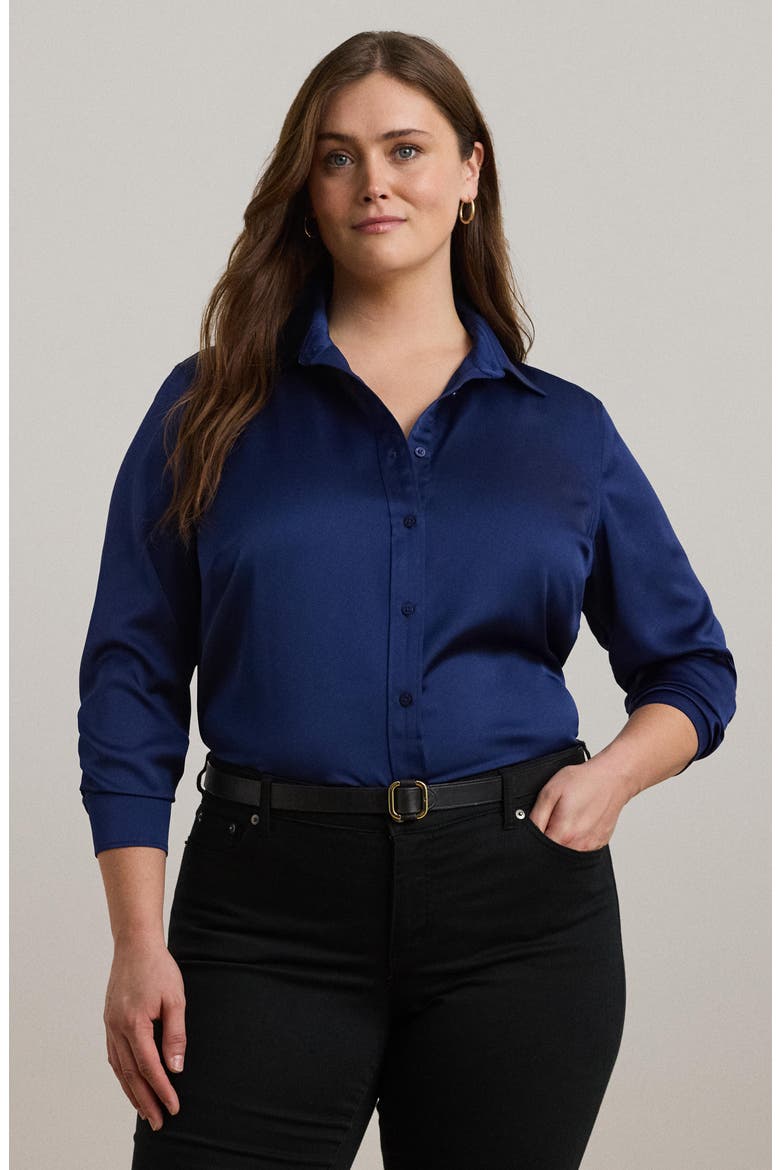 Charmeuse Button-Up Shirt, Alternate, color, HOLIDAY NAVY