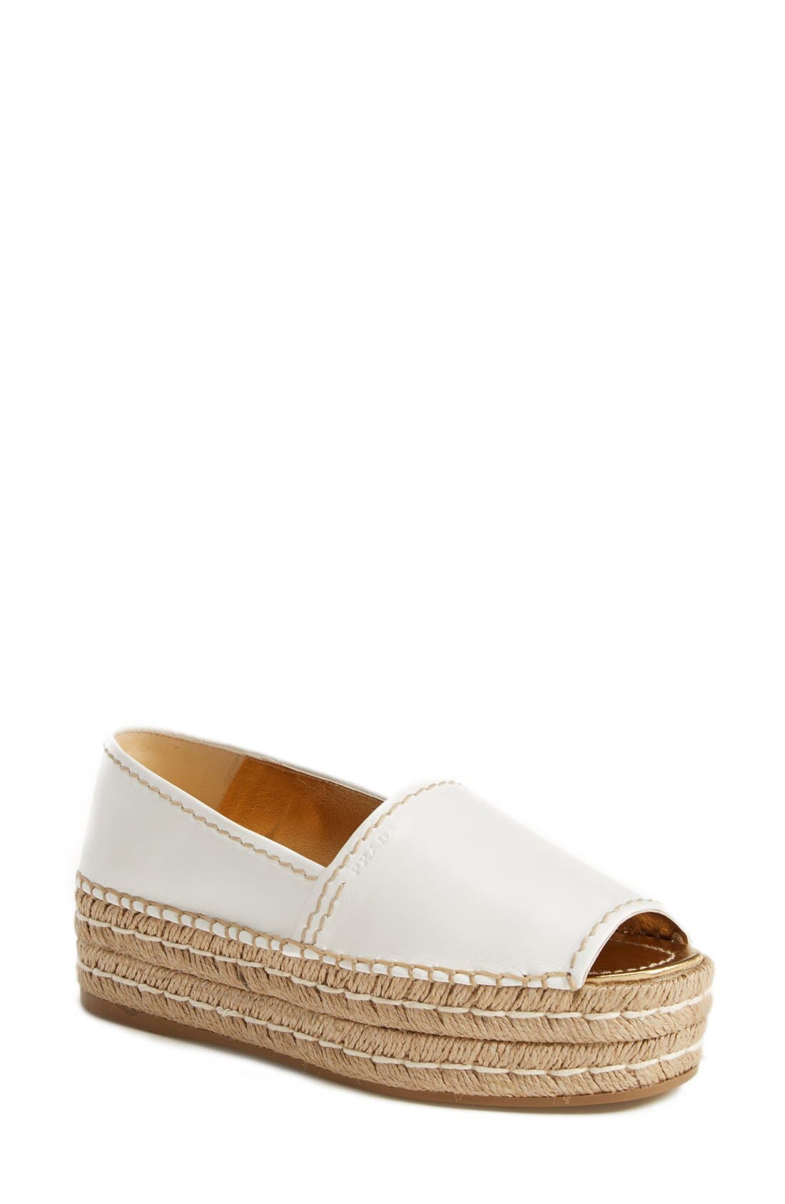 Prada Peep Toe Leather Espadrille, Main, color, 