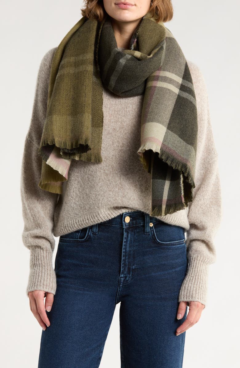 BCBG Plaid Reversible Scarf, Main, color, Olive Multi