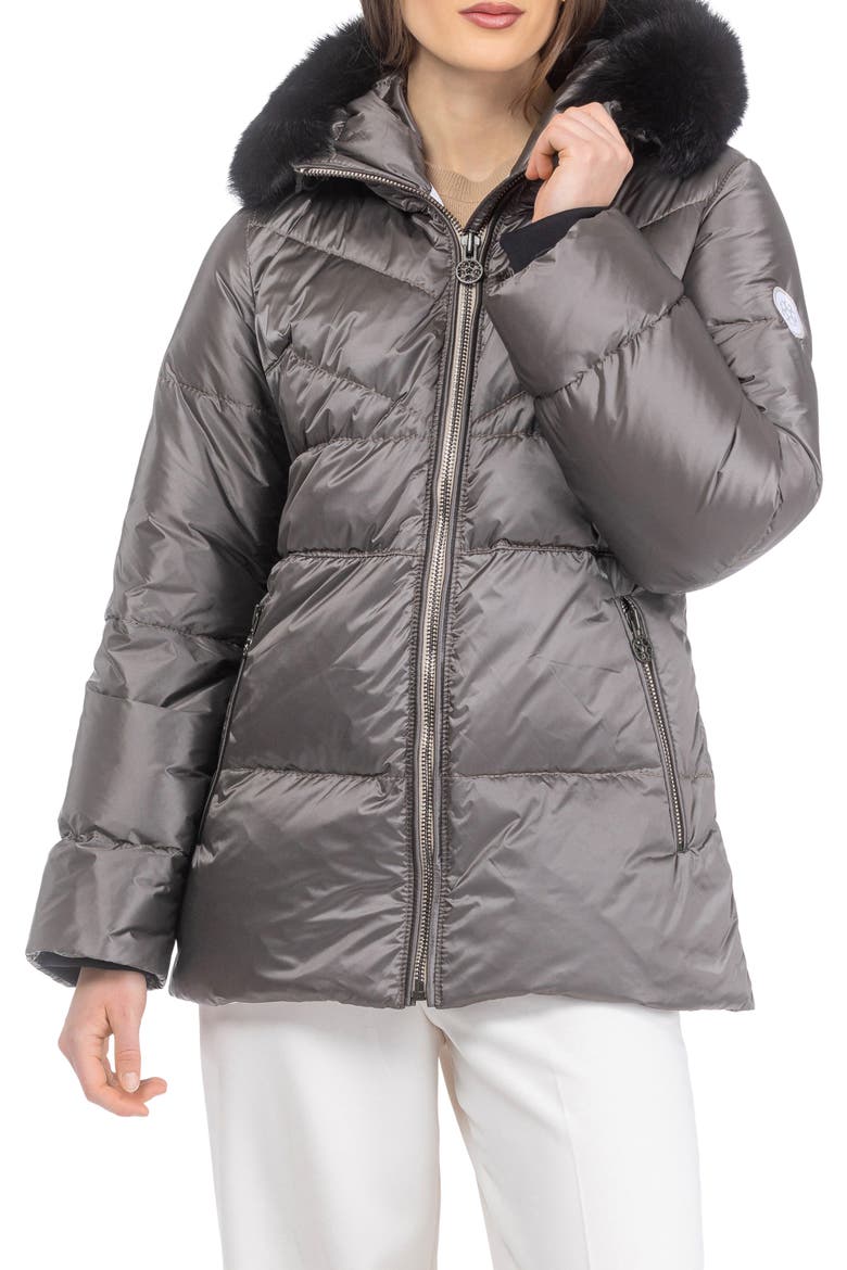 Apres-Ski Short Parka, Detachable Toscana Lamb Hood Trim, Main, color, Greige/Black