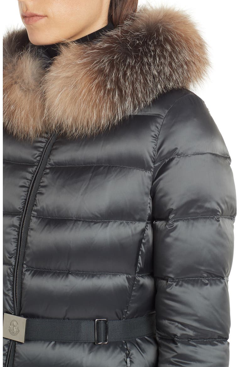 Tinuv Belted Satin Down Coat with Detachable Genuine Fox Fur Hood Trim, Alternate, color, GREY
