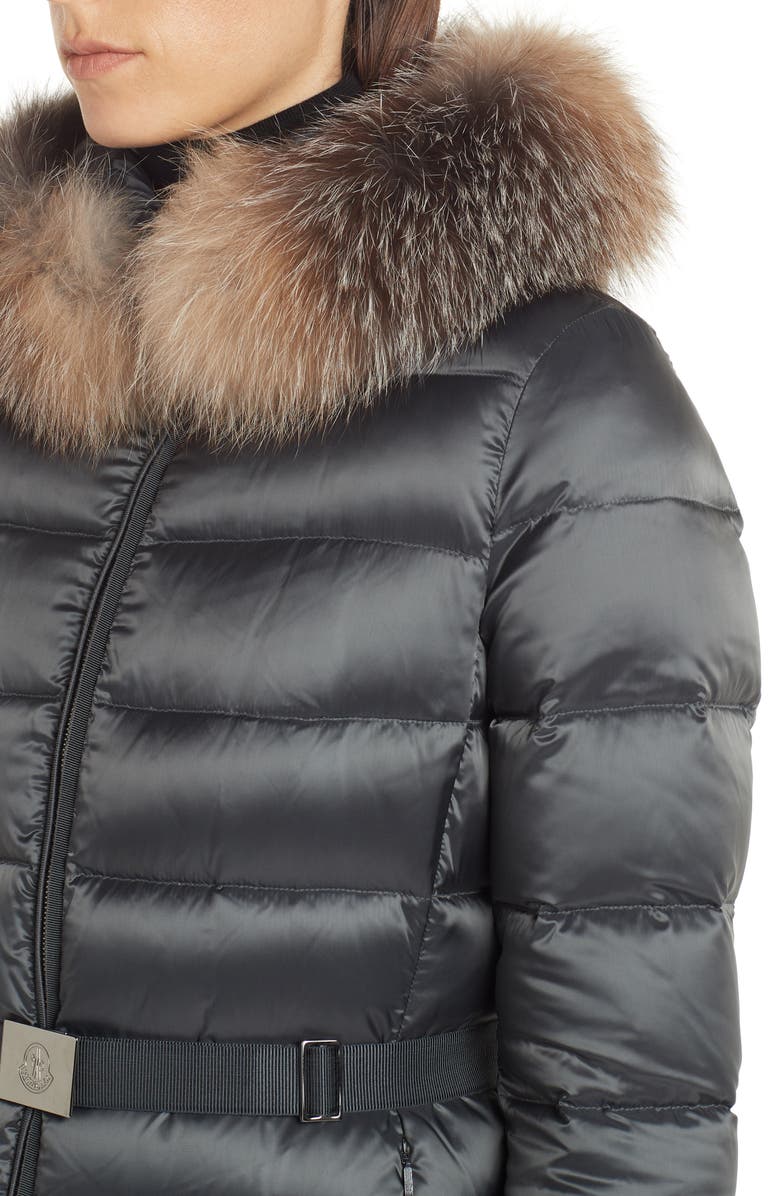 Moncler Tinuv Belted Satin Down Coat with Detachable Genuine Fox Fur Hood Trim, Alternate, color, 