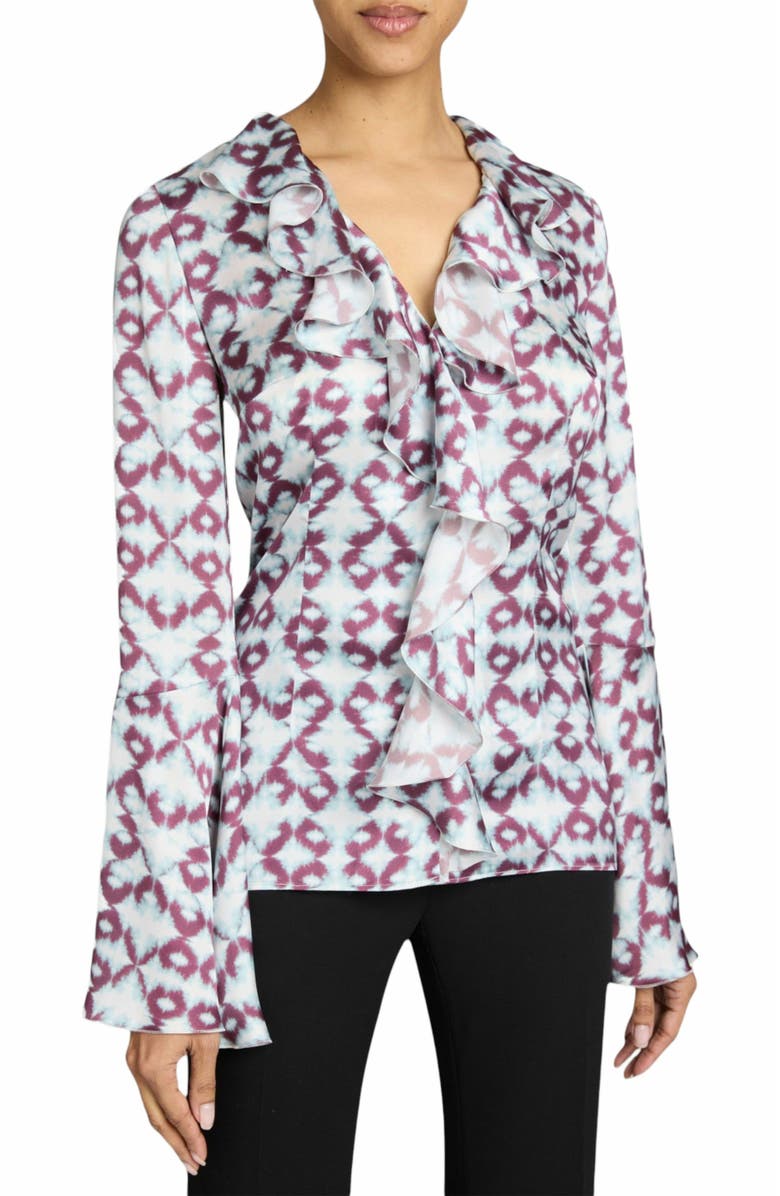 Santorelli Sydney Long Sleeve Button Down Blouse with Ruffles in Graphic Printed Charmeuse, Main, color, Ocean Mist