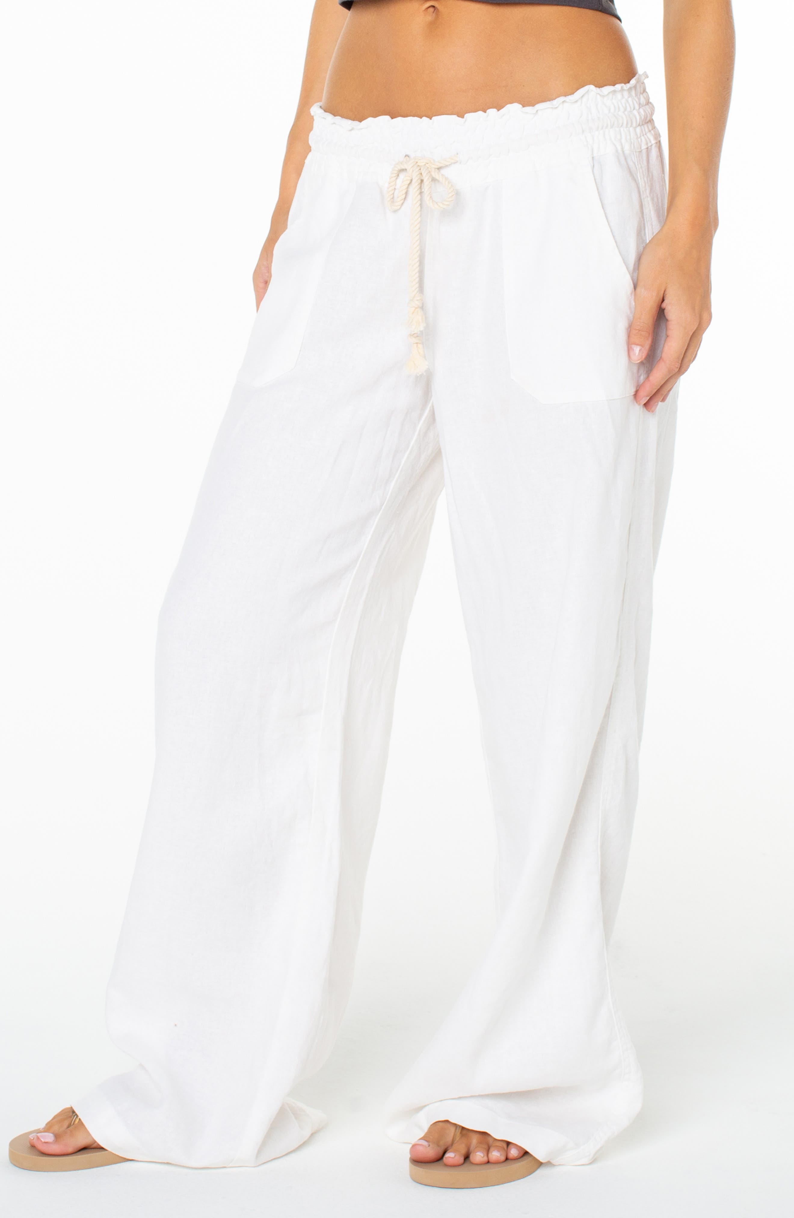 Roxy Oceanside Wide Leg Linen Blend Drawstring Pants In Gray